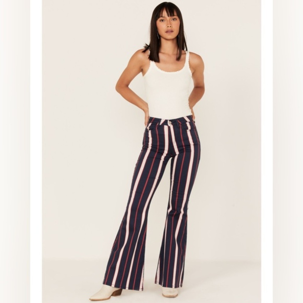 Shyanne NEW Mid Rise Striped Super Flare Pants Blue Red Western Cowgirl
